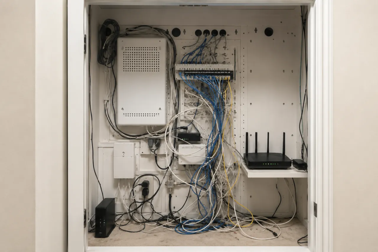 The builder-grade network closet before: a consumer router and a tangle of unlabeled cable